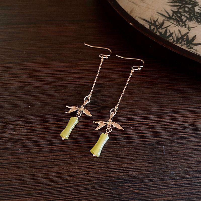 "Silver Needle Bamboo Fan Earrings: Butterfly Drop, Retro Fashion for Women"