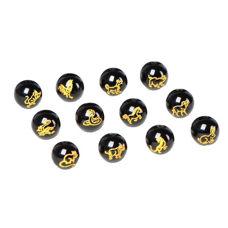 Engraved Natural Black Agate Zodiac Beads for DIY Jewelry