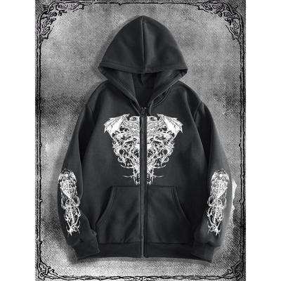 Men's Gothic Dark Printed Zipper Hoodie, Fashionable Street Style Zipper Hoodie for Hospital Leisure and Comfort