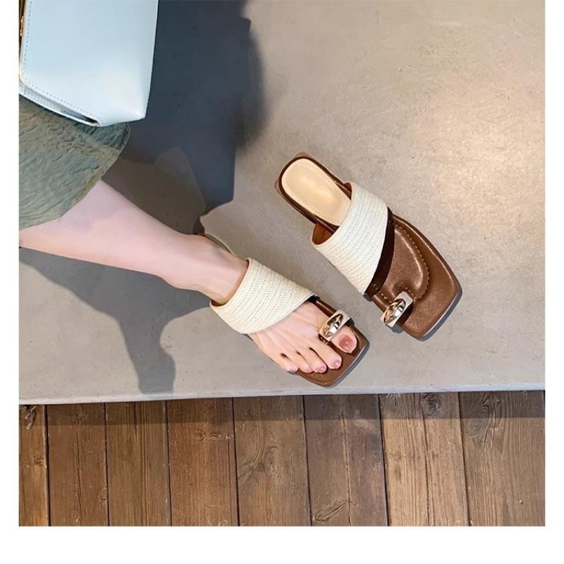Holiday wind metal pinch square head grass woven set of toe slippers summer