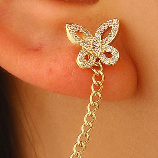 5 Pcs Women Earrings Set Sparkling Rhinestone Flower Butterfly Chain Hoop Earrings Gold Plated Cubic Zirconia Dangling Earrings for Prom Wedding
