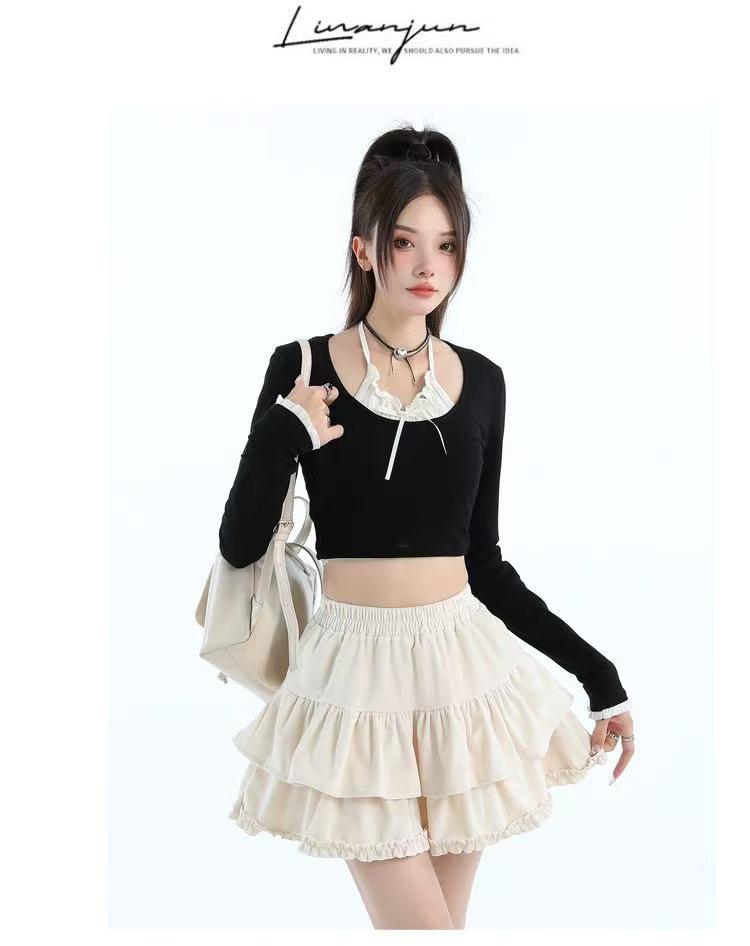 Women's High-Waist Slimming Lotus Leaf Edge A-Line Skirt - Petite Puffy, Anti-Exposure, for Autumn and Spring