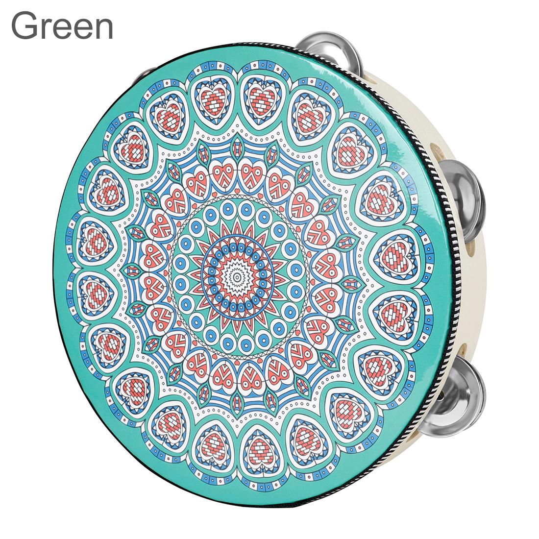 

Деревянный 8-дюймовый однорядный бубен с джинглами, узором из цветов, для вечеринок, KTV, церкви, музыкального шоу, ручной колокольчик, ручной барабан зелёный