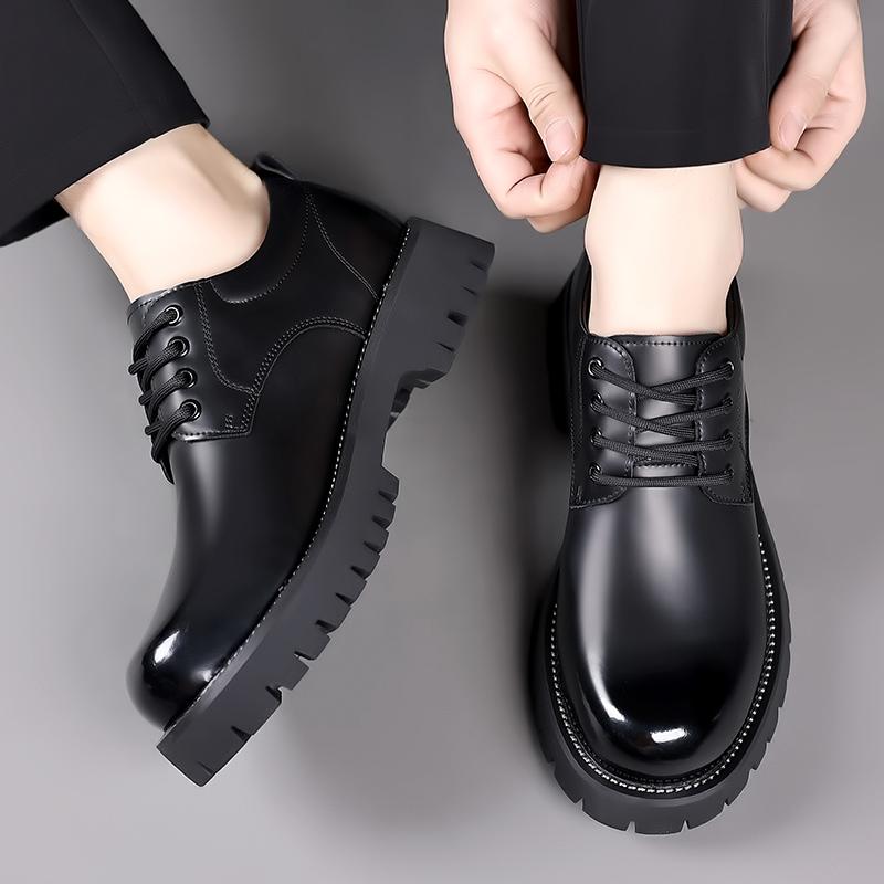 Men Leather Platform Oxfords Derby Shoes Casual Lace Up Thick Soled Work Shoes Spring Outdoor Classic Trendy Footwear