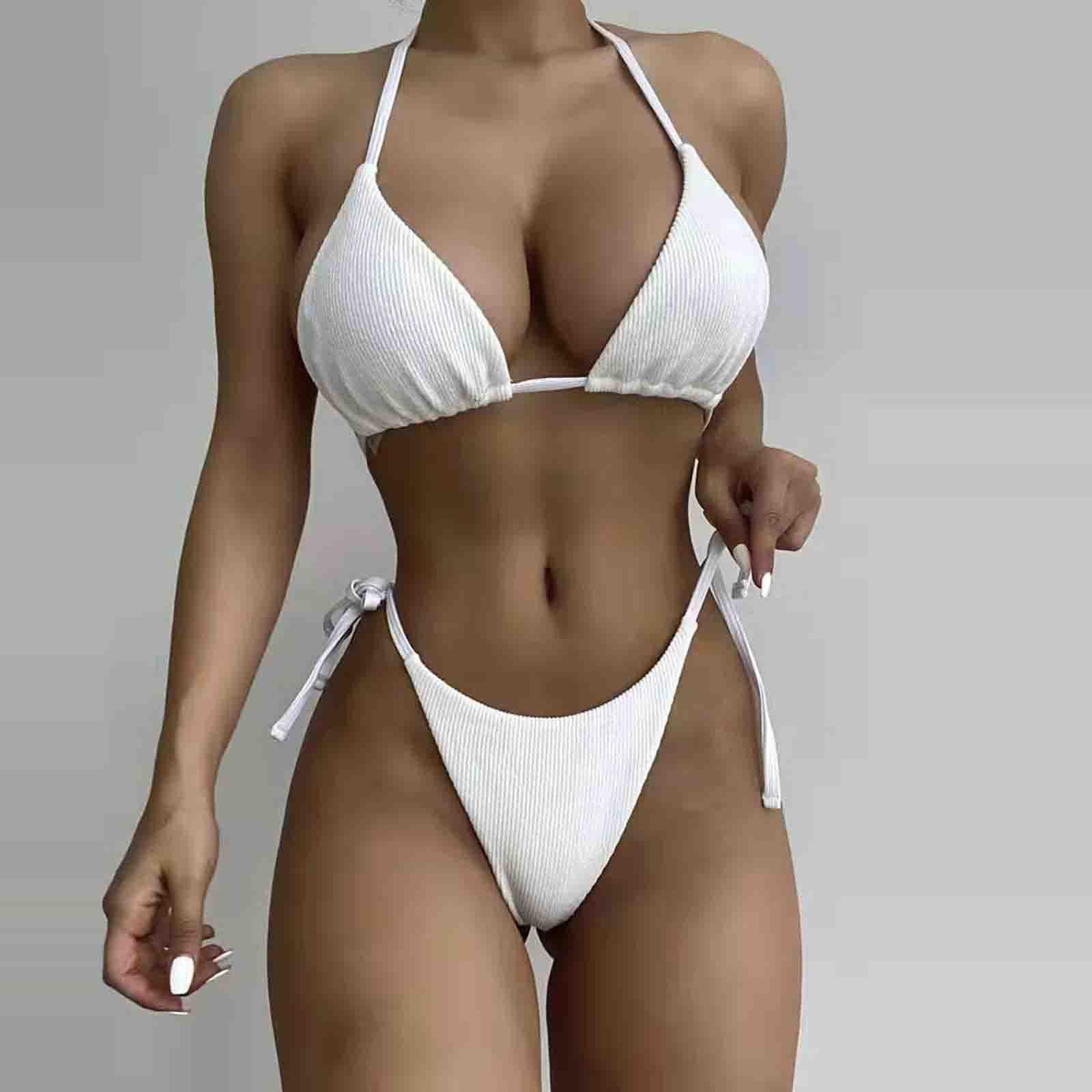 

Женское сексуальное трикотажное однотонное бикини с подушечками на груди без стального бюстгальтера, купальник S белый
