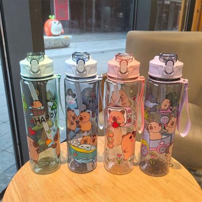 Convenient 800M Water Bottle Plastic Capybara Printed Straw Cup Large Capacity Leakproof Water Sippy Cup Outdoor Travel