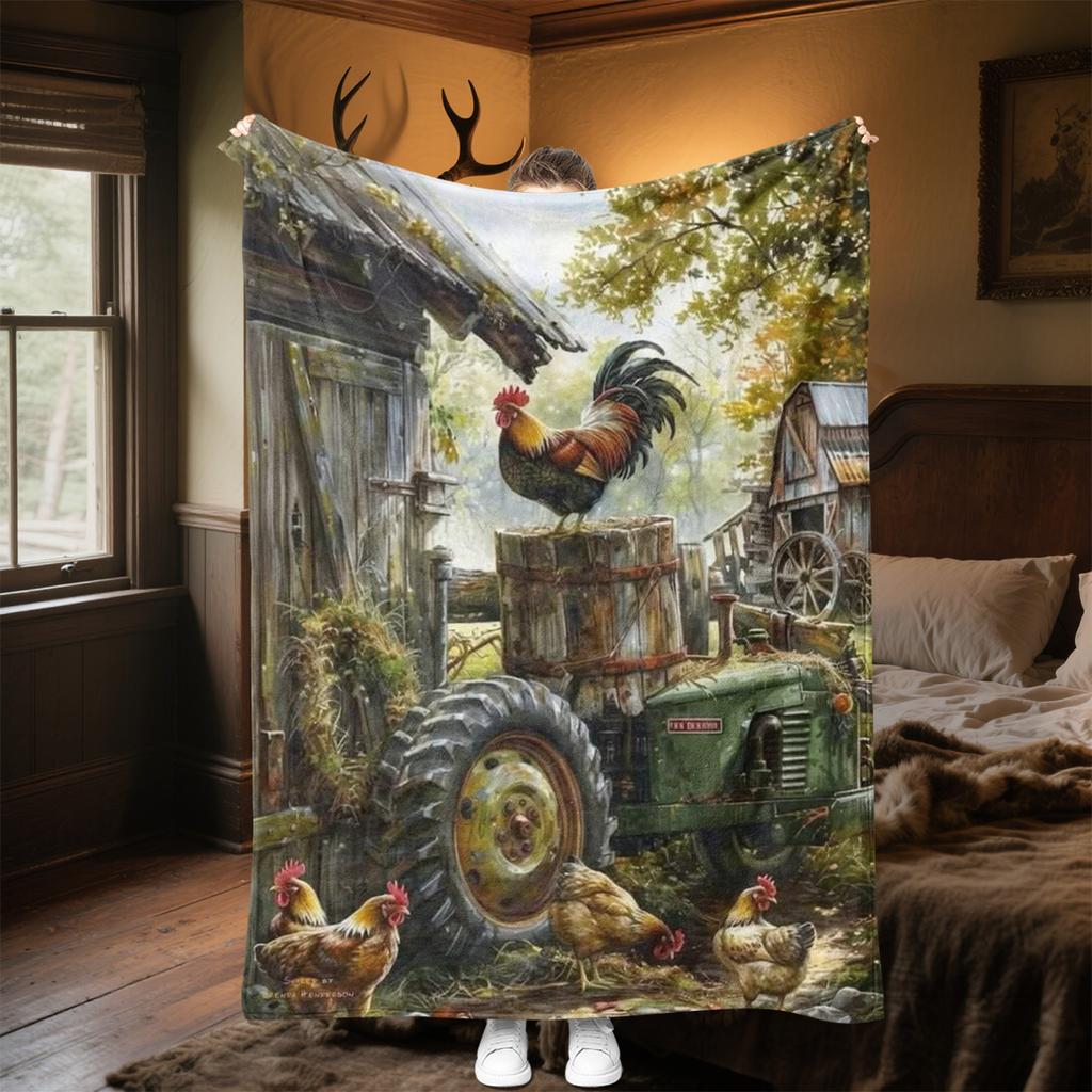 1PC Tractor Farmhouse Scene Blanket Soft Comfortable All Seasons Suitable Sofa Office Travel Festive Gift