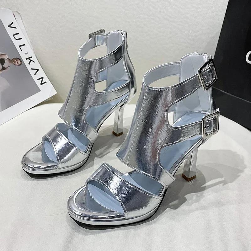 Fashion 2024 summer New Women's Fashion Belt buckle Hollowing out High heels Rear zipper Exposed toe Slender heel Rome Sandals