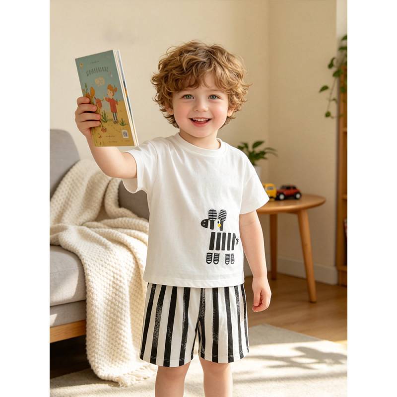 Cotton Cartoon Boys Summer Two Piece Outfit With Short Sleeves And Shorts For Kids