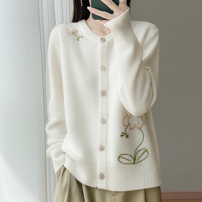 Women's Round Neck Wool Knit Cardigan - Autumn/Winter Handmade Embroidered Cashmere Coat, Thickened Long Sleeve Waffle Design