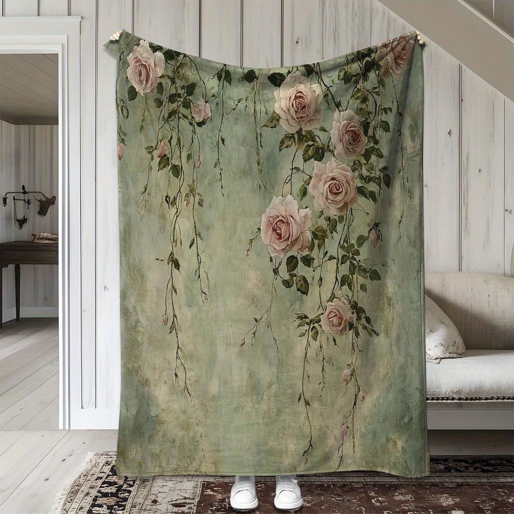 Romantic Vintage Rose Floral Flannel Blanket Soft Cozy Warm for Sofa Bed Car Office Camping Travel Decor