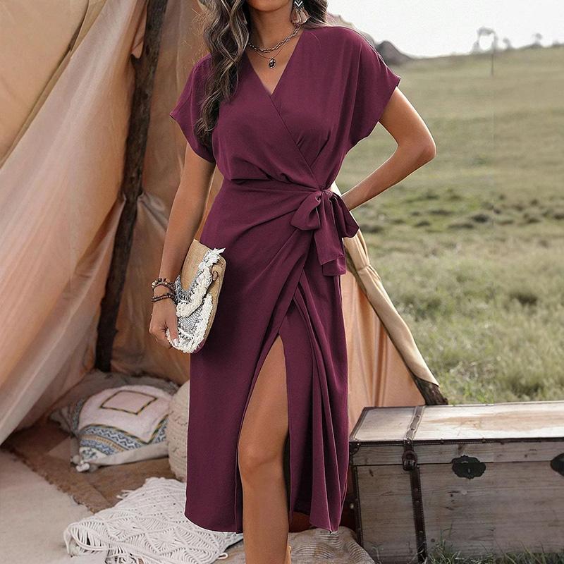Women's Satin Wrap Dress with Side Slit Solid Color Elegant Bodycon Midi Dress