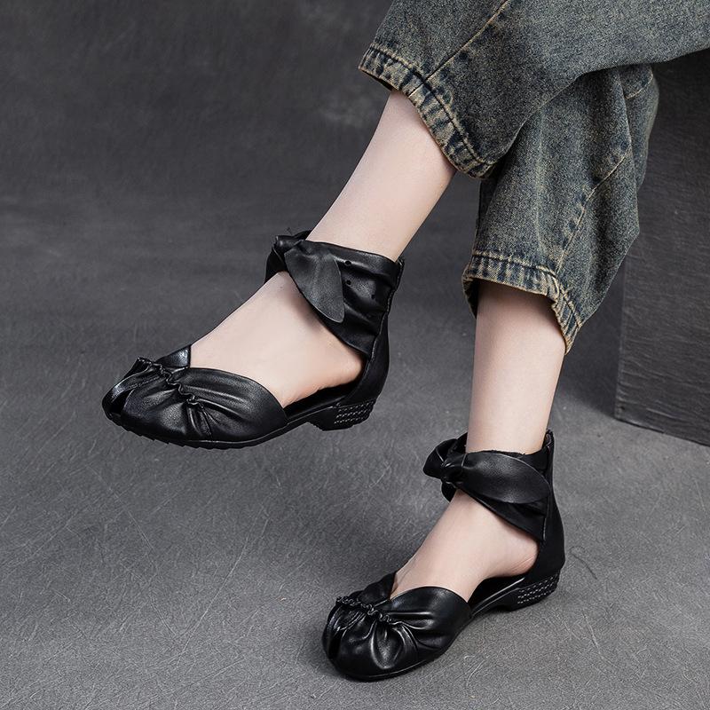 Fashion GKTINOO Retro Women Sandals 2025 Summer High-top Genuine Leather Peep Toe Flat Sandals Women Comfortable Casual Shoes