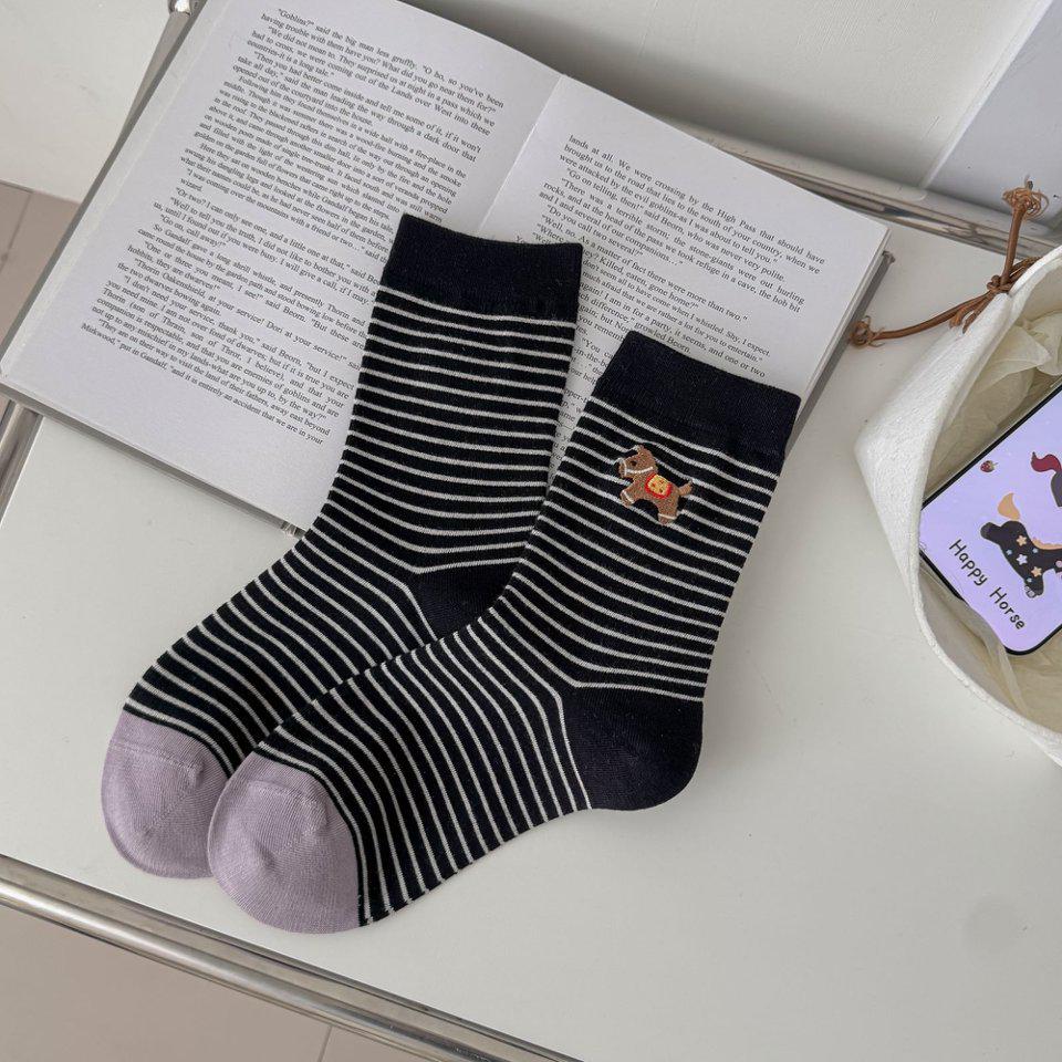 Striped Women's Mid-Calf Socks - Cute Cartoon Horse, Spring/Summer Pure Cotton, Trendy Japanese School Style.