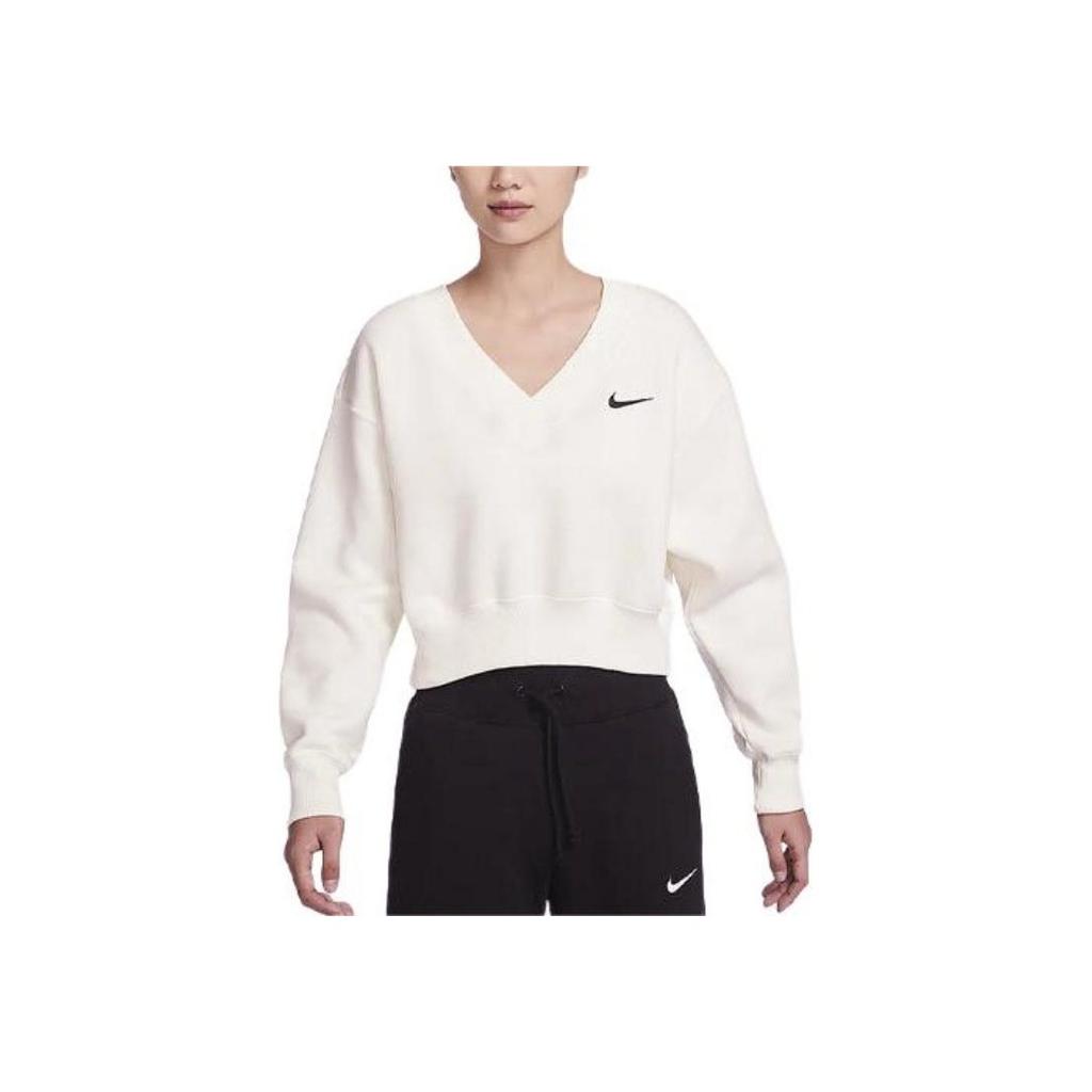 Nike Sportswear Phoenix Fleece Vintage Solid Color Logo Embroidered V-Neck Fleece Loose Short Sweatshirt Women tops Sail FN3652-133
