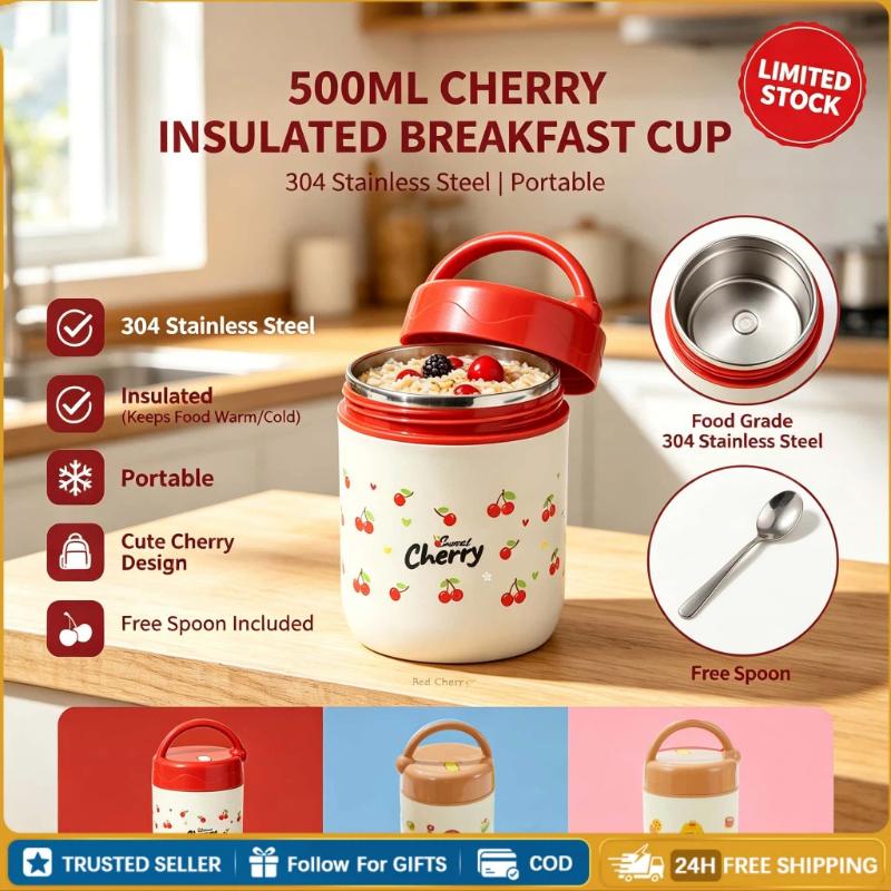 500Ml Cherry 304 Stainless Steel Insulated Lunch Box, Portable Breakfast Cup With Thermal Bag