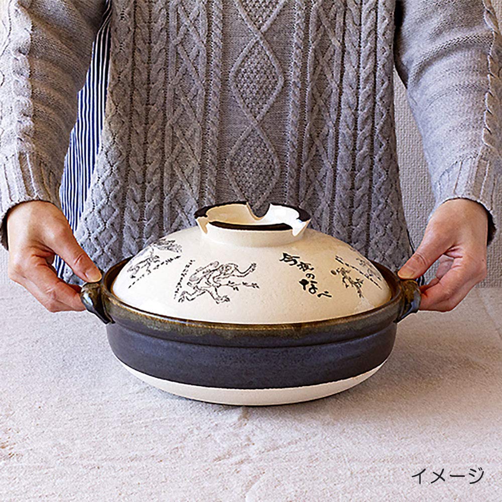 Saji Pottery Banko Ware Earthenware Pot, Size 9, Choju Giga (Choju Sekiga Paintings), Made In Japan, 24-804, White, 3200ml