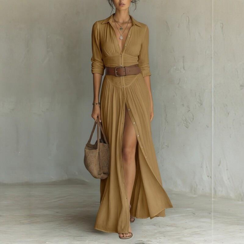 European and American style V-neck thin shirt skirt holiday style long split dress belt design sense