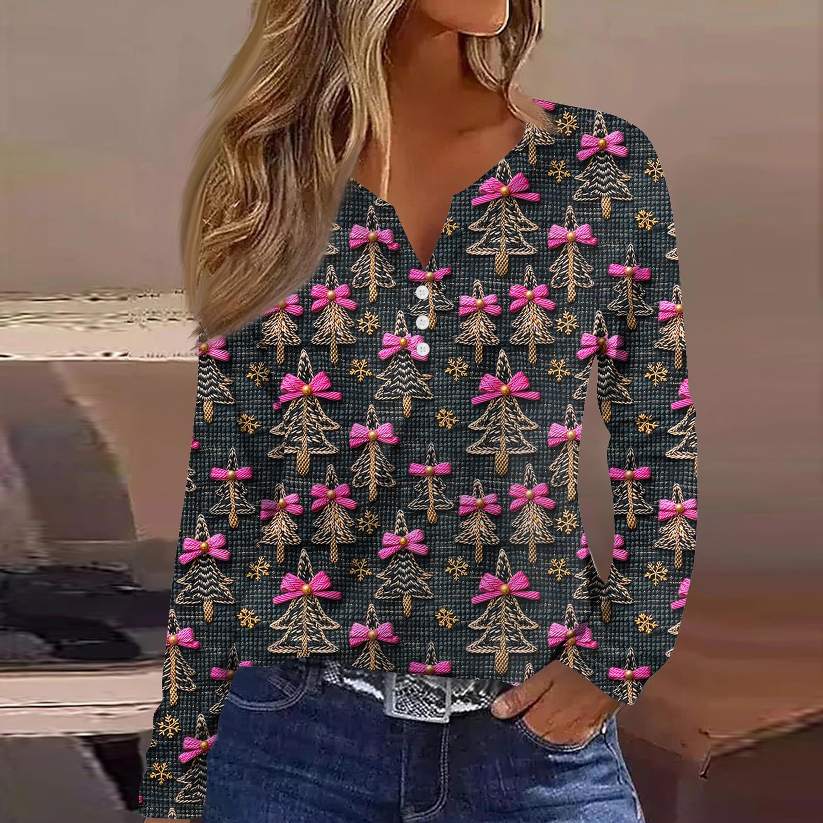 

Women s Fashion Casual V-Neck Button-Up Long-Sleeve T-Shirt With Christmas Print Top S