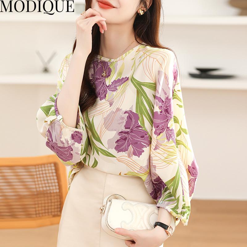 MODIQUE Spring Summer Plus Size Women Casual Loose Elegant Cotton Floral Print Puff Sleeve Blouse Shirts Lady Oversize O-Neck Long Sleeve Pullover