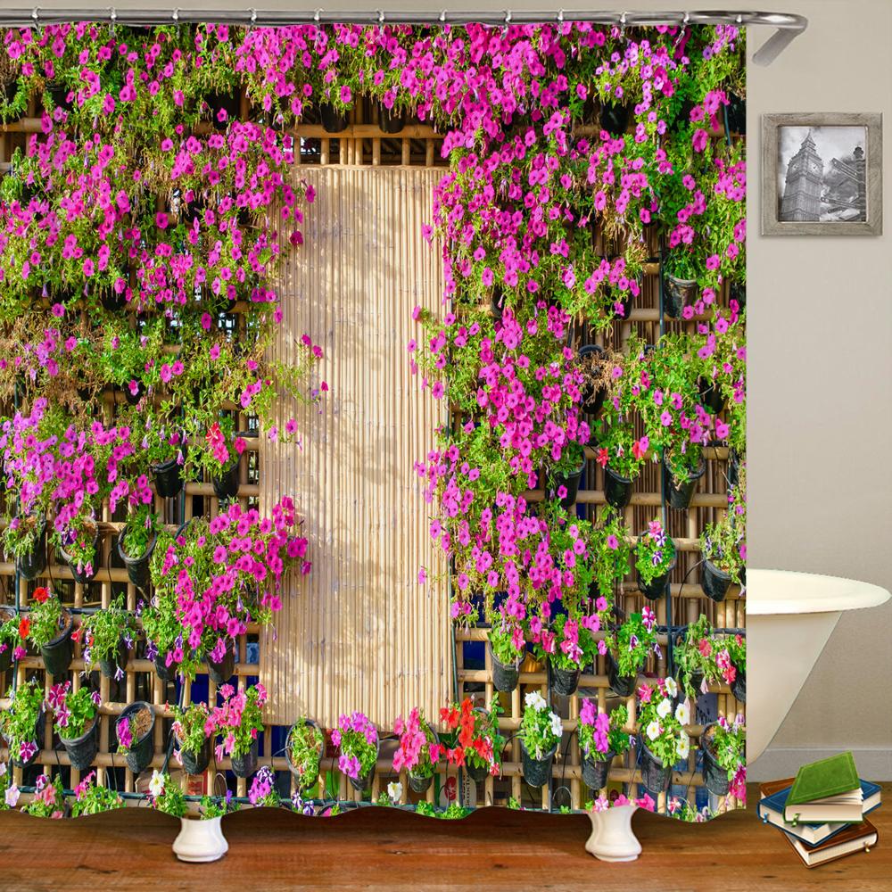 Flowers Scenery Waterproof Shower Curtains Rural Street Flowers Bathroom Curtains Polyester Fabric Washable Decor Bath Curtains