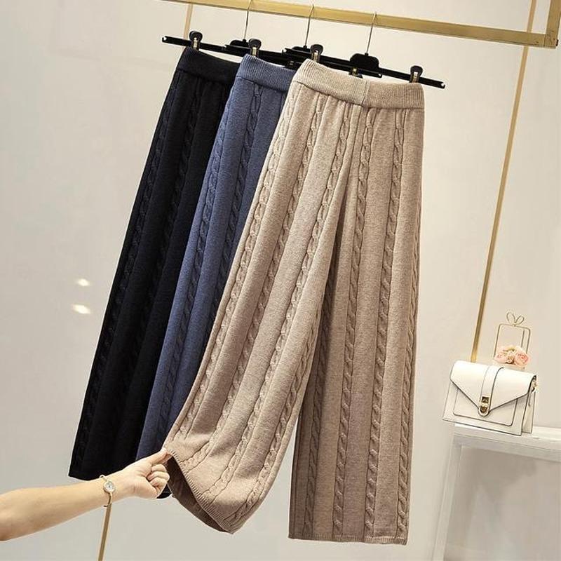 High-waist Solid Color Knitted Wide-leg Pants 2026 Autumn And Winter New Korean Twist Stripe Cropped Trousers All-match Casual