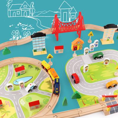 Children'S Wooden Early Education 82 Pieces Simulation Track Small Train Urban Traffic Road Parent-Child Set Toys