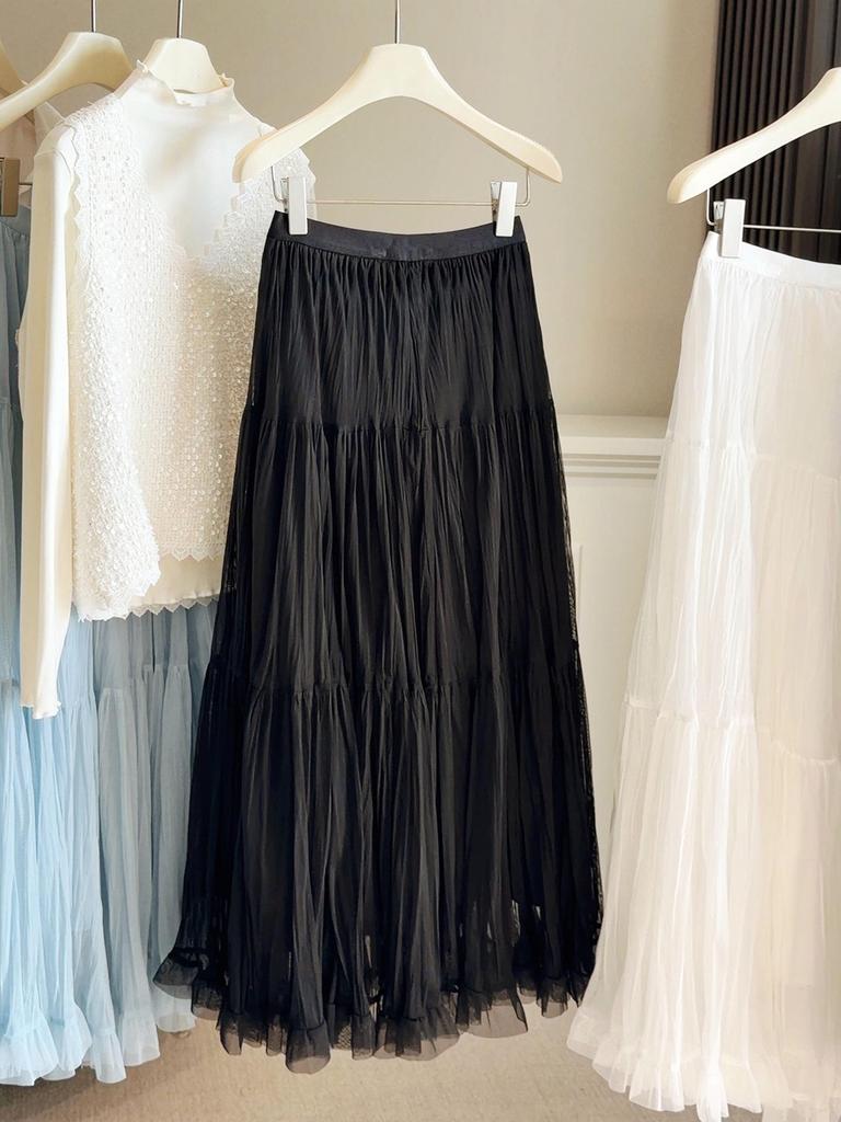 Women's 2026 Spring High-Waisted Ruffled A-Line Mesh Skirt