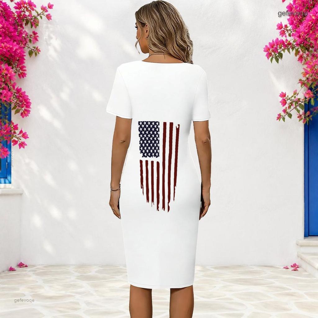 Women Plus Size Round Neck Short Sleeve Fitted White American Flag Printed Dress