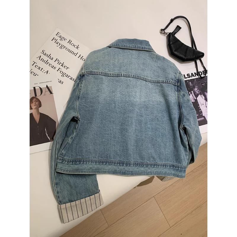 Spring and Autumn New Plaid Splicing Sleeves Short Denim Jacket Women's Loose Casual Small Jacket Trend