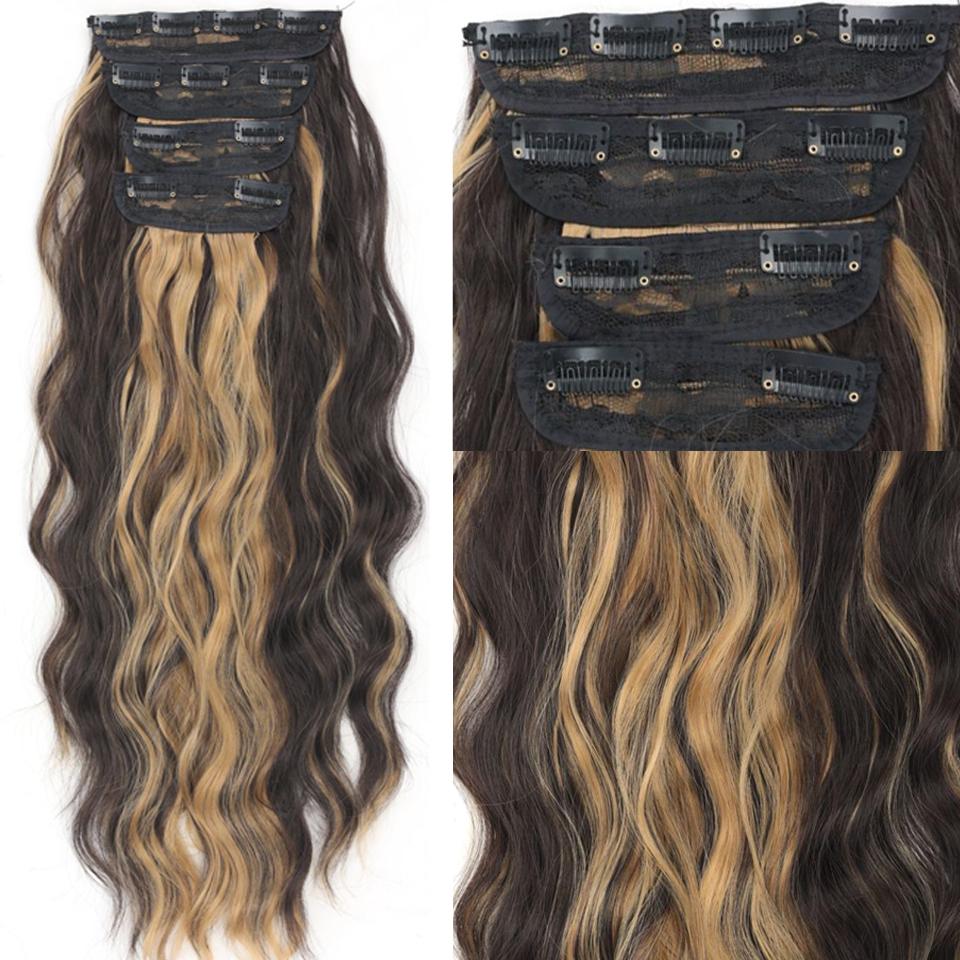 LUPU Синтетические 4 шт./компл. Длинные волнистые волосы для наращивания на клипсах Темно-коричневые толстые шиньоны 45CM как