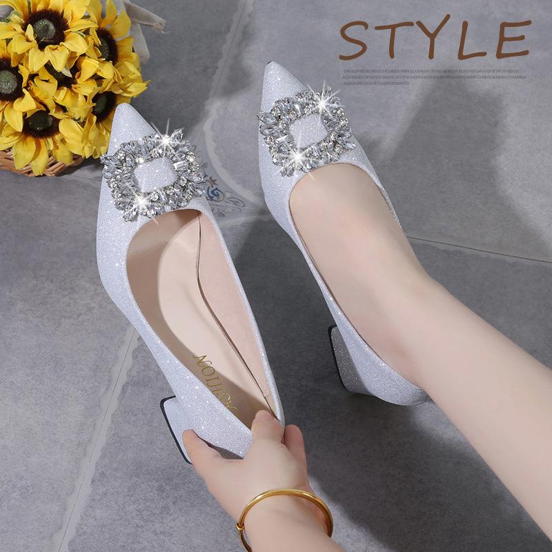 Fashion rhinestone Women's Shoes 2025 luxury woman shoes Square heel High Heels shoes Designer Brand Pumps Pointed toe Comfortable