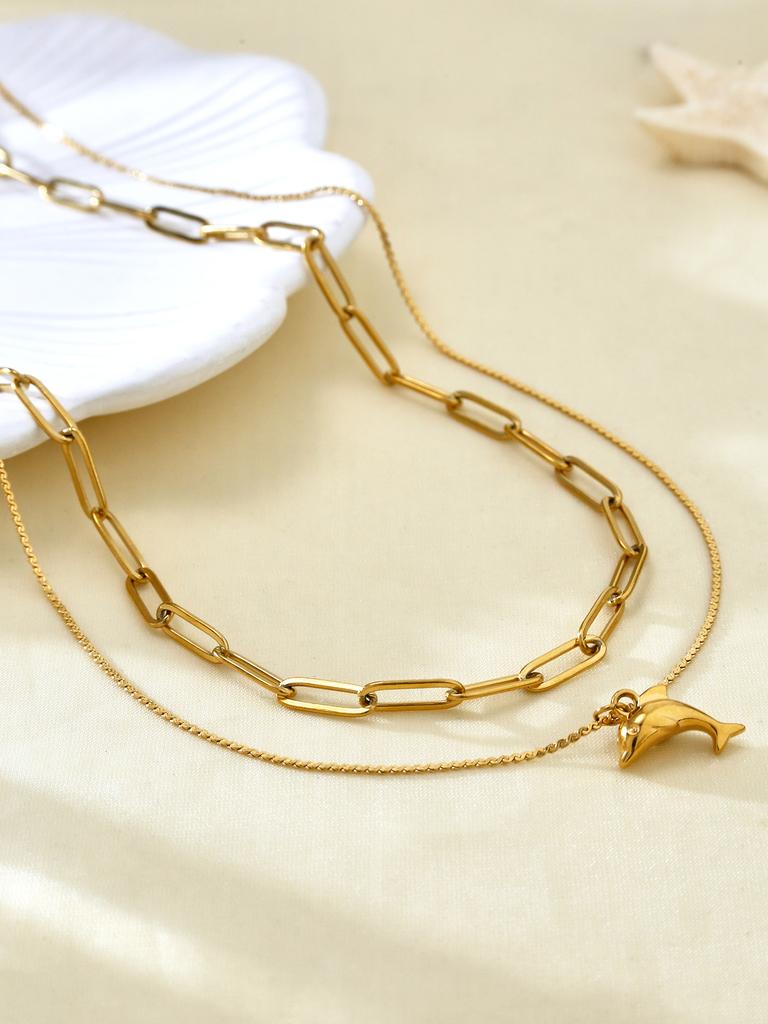 Summer Beach Fashion Simple Cold Wind Stainless Steel 18K Gold Plated Dolphin Pendant Double Necklace For Men And Women