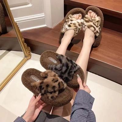 New Design Thick Bottom Leopard Print Plush Slippers Women's Autumn and Winter Niche Height Increase Cross Fashion Cotton Slippers Women
