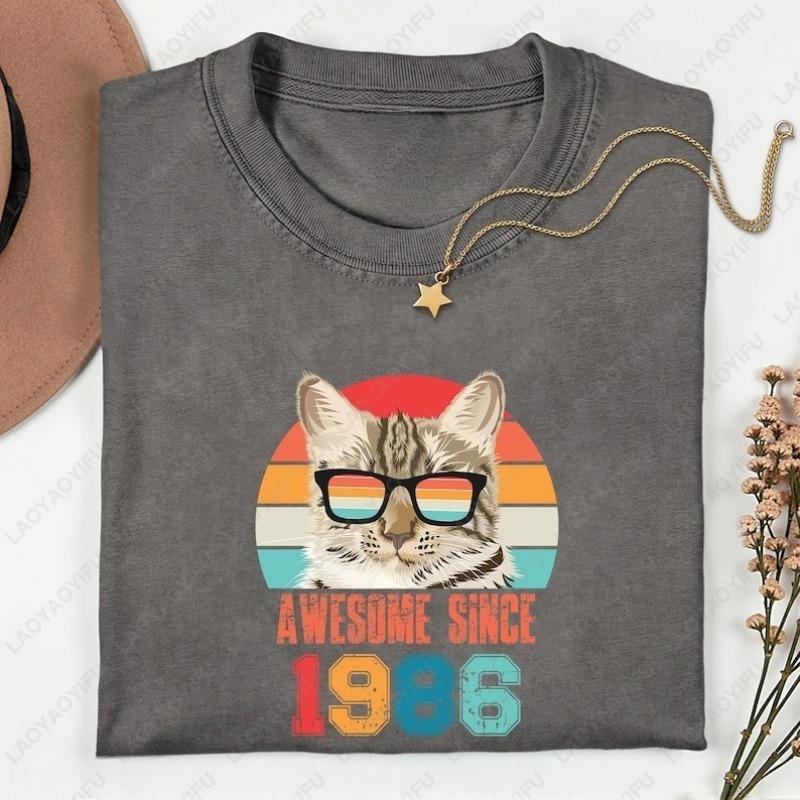 Awesome Since 1986 Shirt 40th Happy Birthday Classic Be Born 1986s Retro Cool Cat Oneck Printed Tops Unisex Tee Women Clothing S