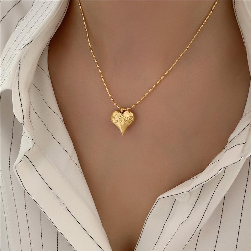 Gold 3D Heart LOVE Titanium Steel Necklace - Trendy Retro European & American Fashion for Women
