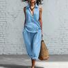 Spring/Summer Women's Lapel Shirt and Wide-Leg Pants Linen Set