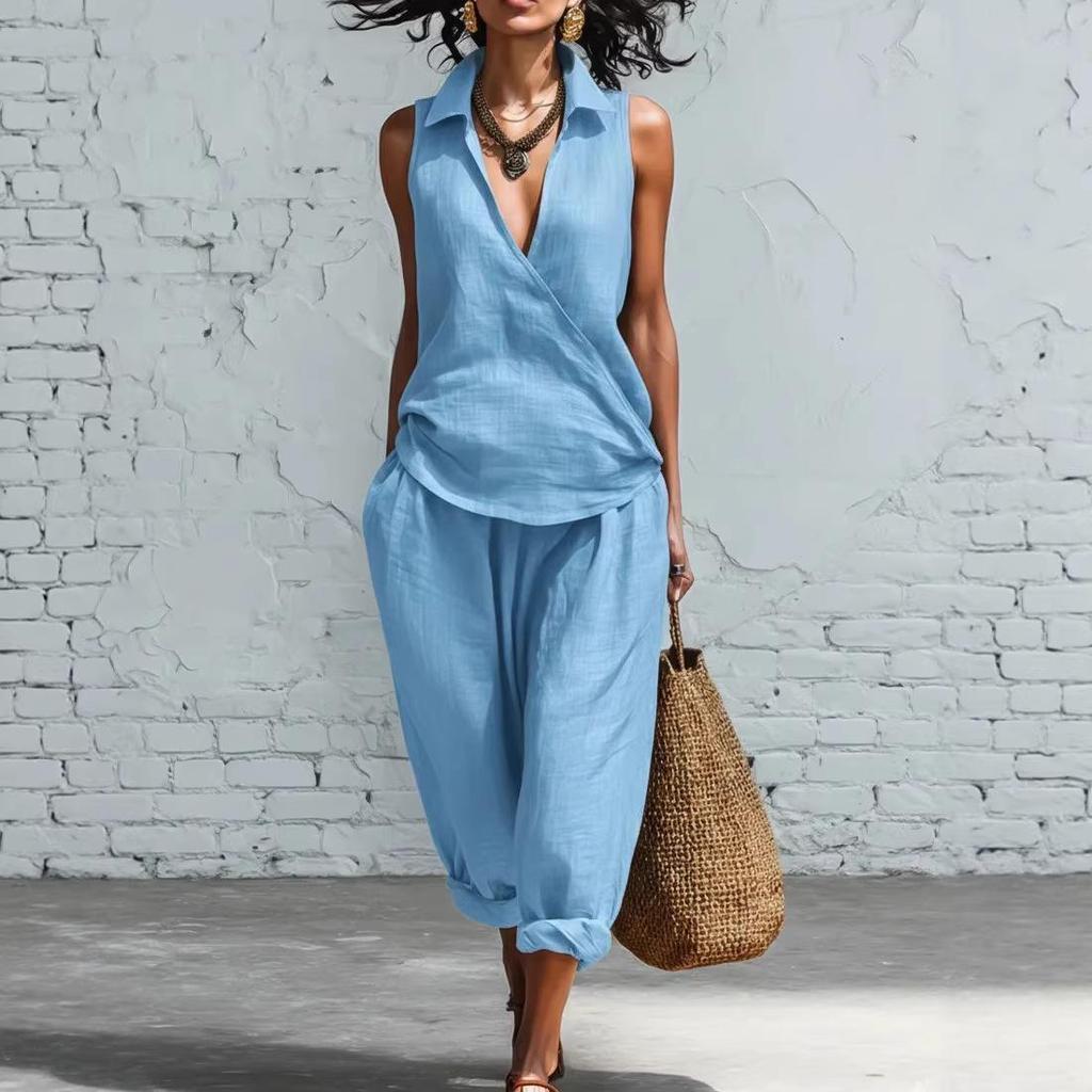 Spring/Summer Women's Lapel Shirt and Wide-Leg Pants Linen Set