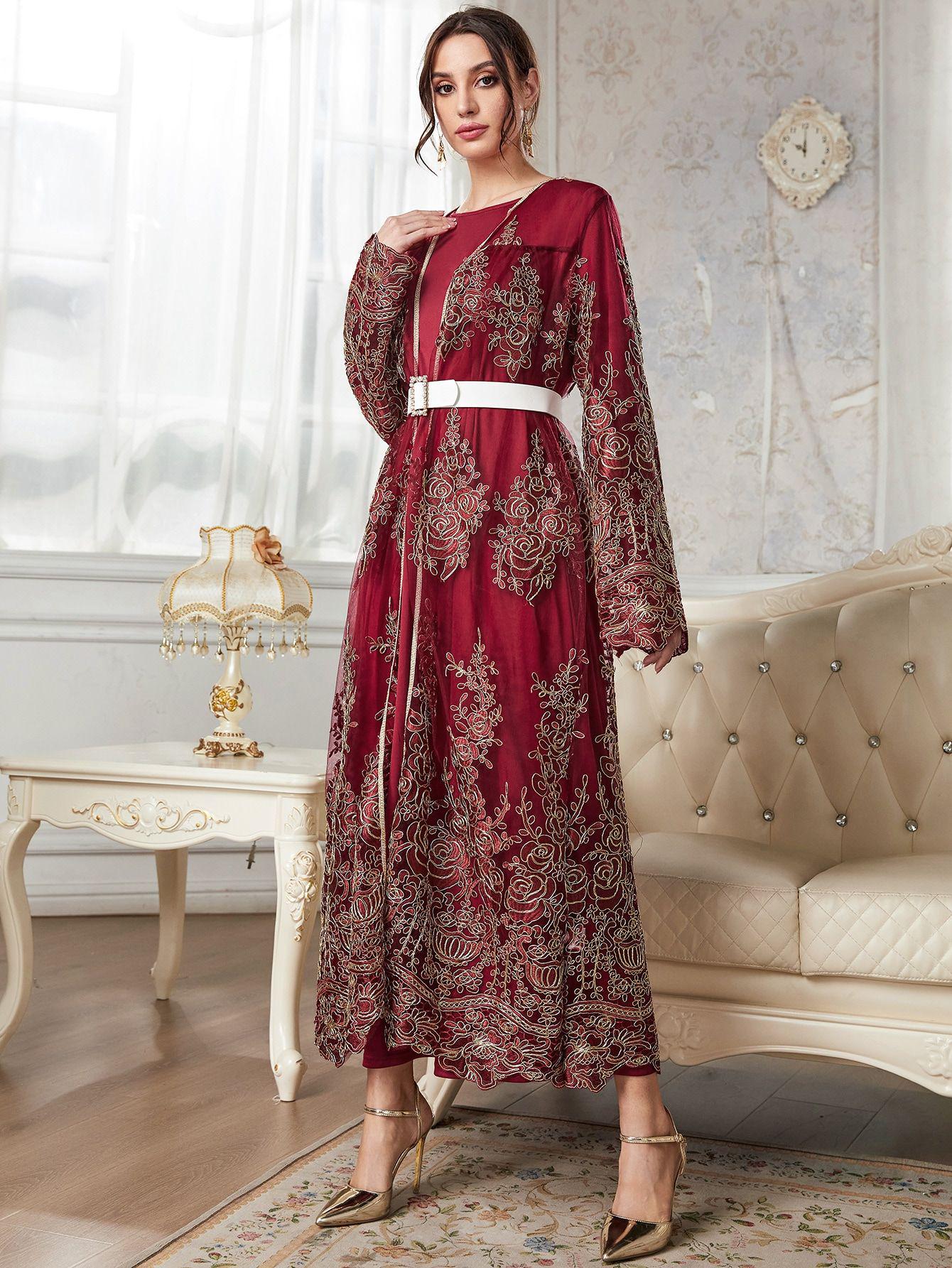 

Кардиган-халат для мусульманок весна/лето 2025 с кружевной вышивкой L вино красного