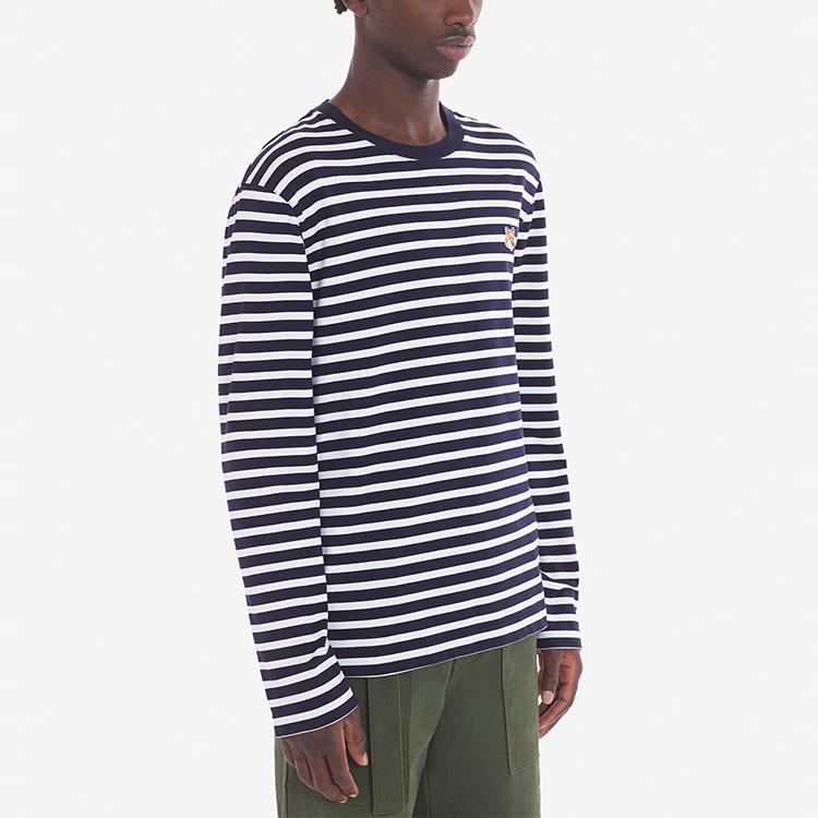 Maison Kitsune FW23 Fox Head Patch Embroidered Striped Long Sleeve T-Shirt Men tops Navy-Blue LM00105KJ0044-S480