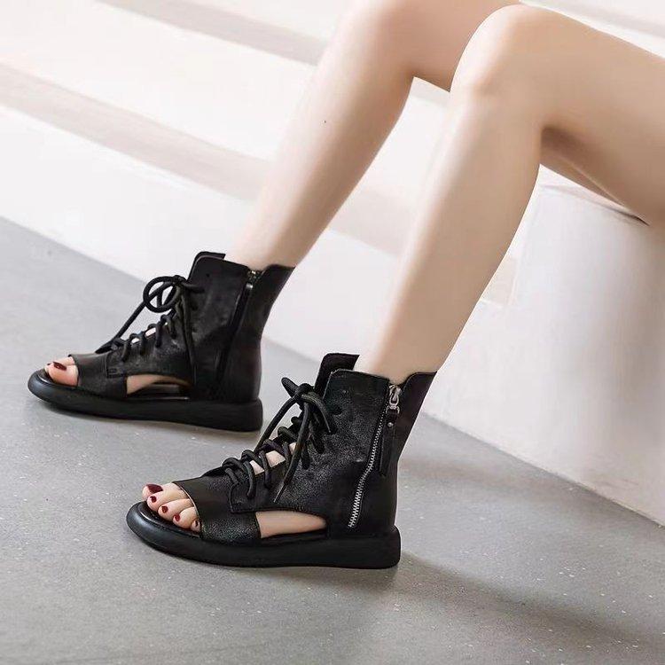 High-top Fish Mouth Sandals Women's Flat-bottomed Breathable Retro Beach Shoes 2025 Summer New Hollow Straps Roman Boots