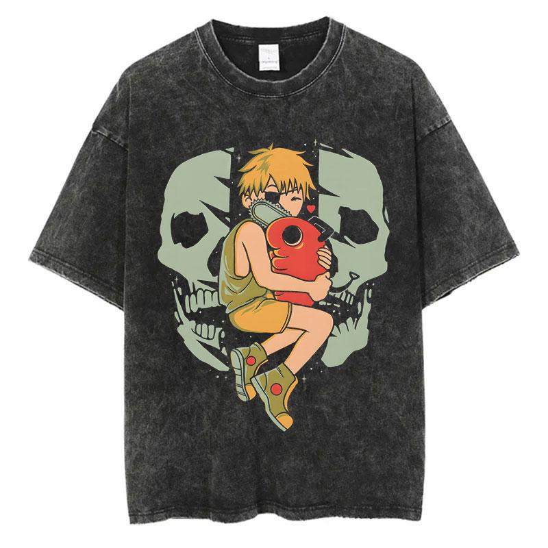 Vintage Vasket T-skjorte Chainsaw Man Anime T-skjorte for Menn Harajuku Oversize Tee Bomull Mote Streetwear Unisex Topper