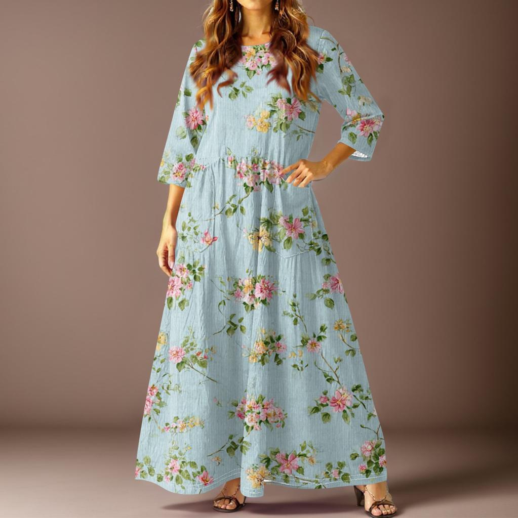 Damen Casual Mode Floral Dreiviertelarm Langes Kleid mit Taschen