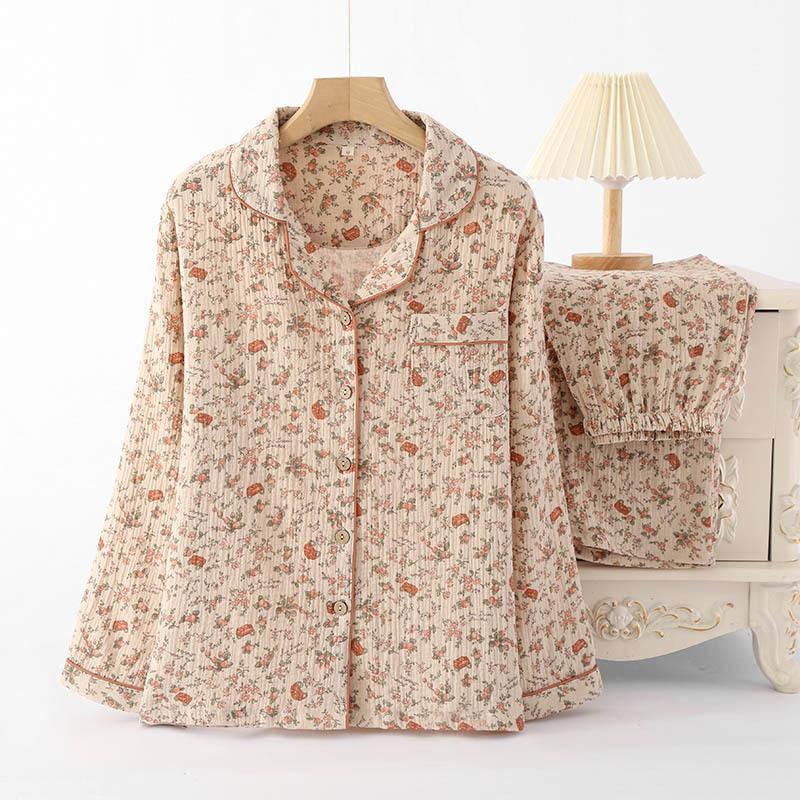 Damenpyjama, Baumwollgarn Damen Frühling und Herbst Langärmelig Locker Dünn Hausanzug Baumwollanzug