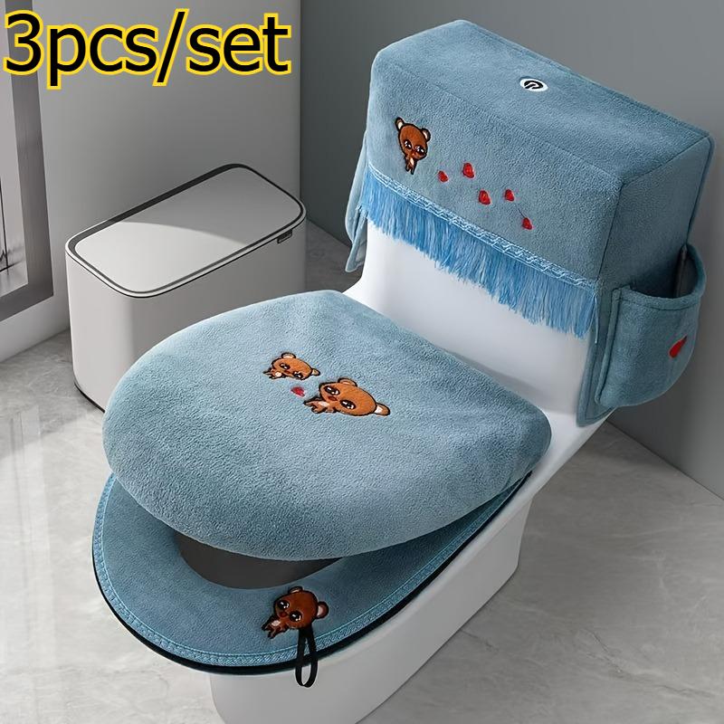 

3pcs/set Toilet Seat Cover Set Home Bathroom Dustproof Toilet Lid Cover with Storage Pockets Soft Plush Toilet Cushion Set синій
