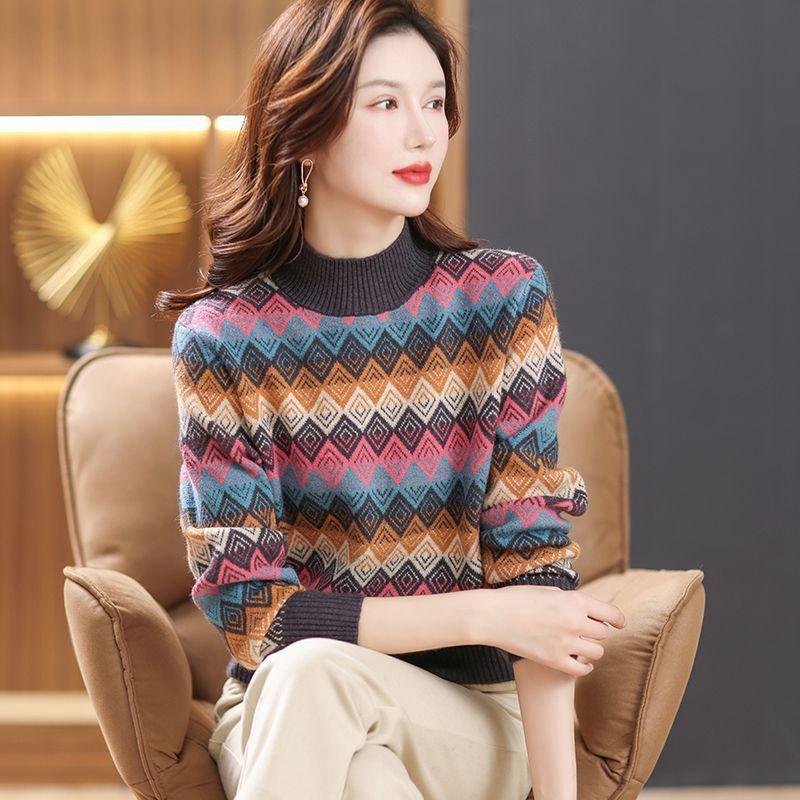 New Autumn Winter Fashion Rainbow Diamond Lattice Age-reducing Fashionable Thick Pullover Loose Half Turtleneck Knitted Sweater