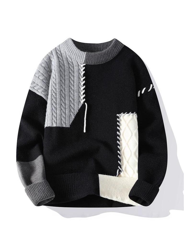 Men's Autumn/Winter Color Block Crew Neck Sweater - Trendy, Warm, Loose Knitwear, Casual Base Layer