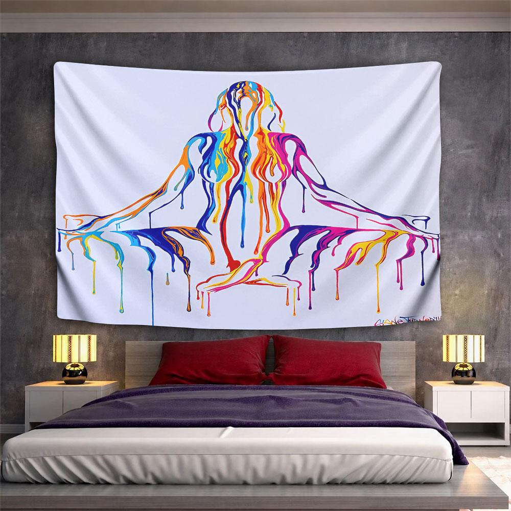 Dripping Paint Woman Meditation Tapestry Wall Hanging Abstract Fluid Art Decor for Bedroom Living Room