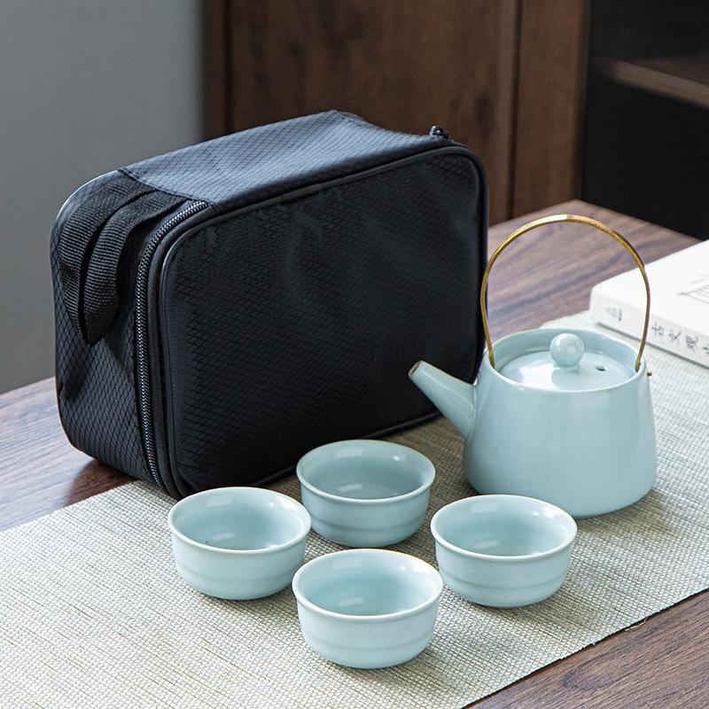 Ru Kiln Ge Kung Fu Tea Set Cloth Bag Portable One Pot Four Cups Ceramic Travel Tea Set Gift