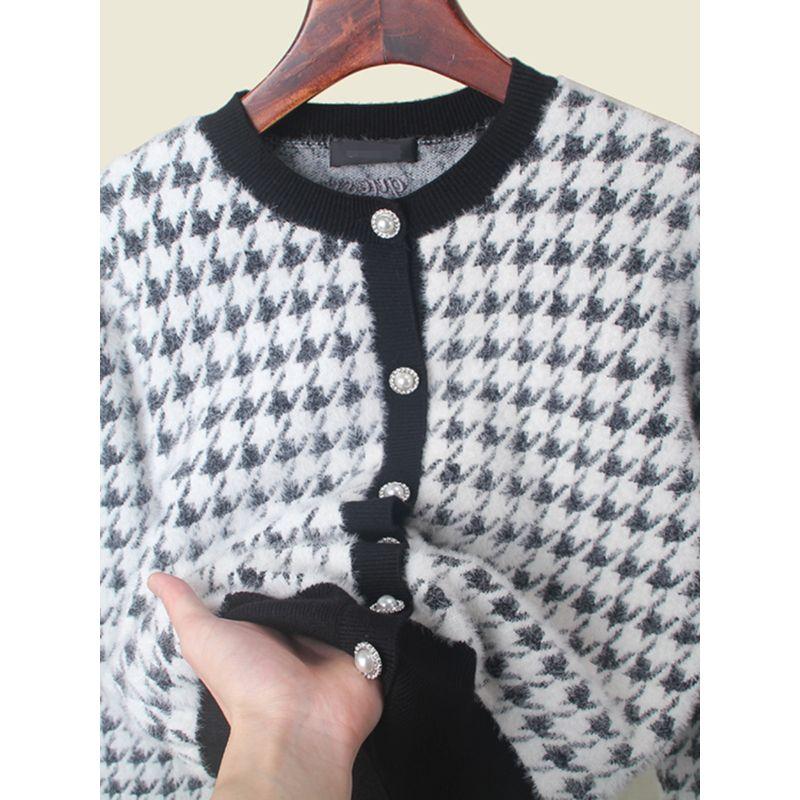 American Brand G Home Mink-like Wool Long Sleeves Cardigan Export round Neck Classic Style Houndstooth Women's Sweater Outwear